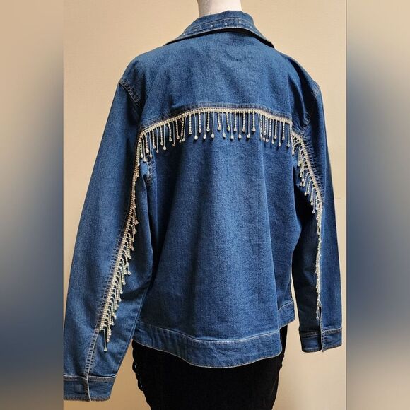 Upcycled Custom Jean Jacket Trimmed in Rhinestone Fringe Size M - Picture 2 of 10